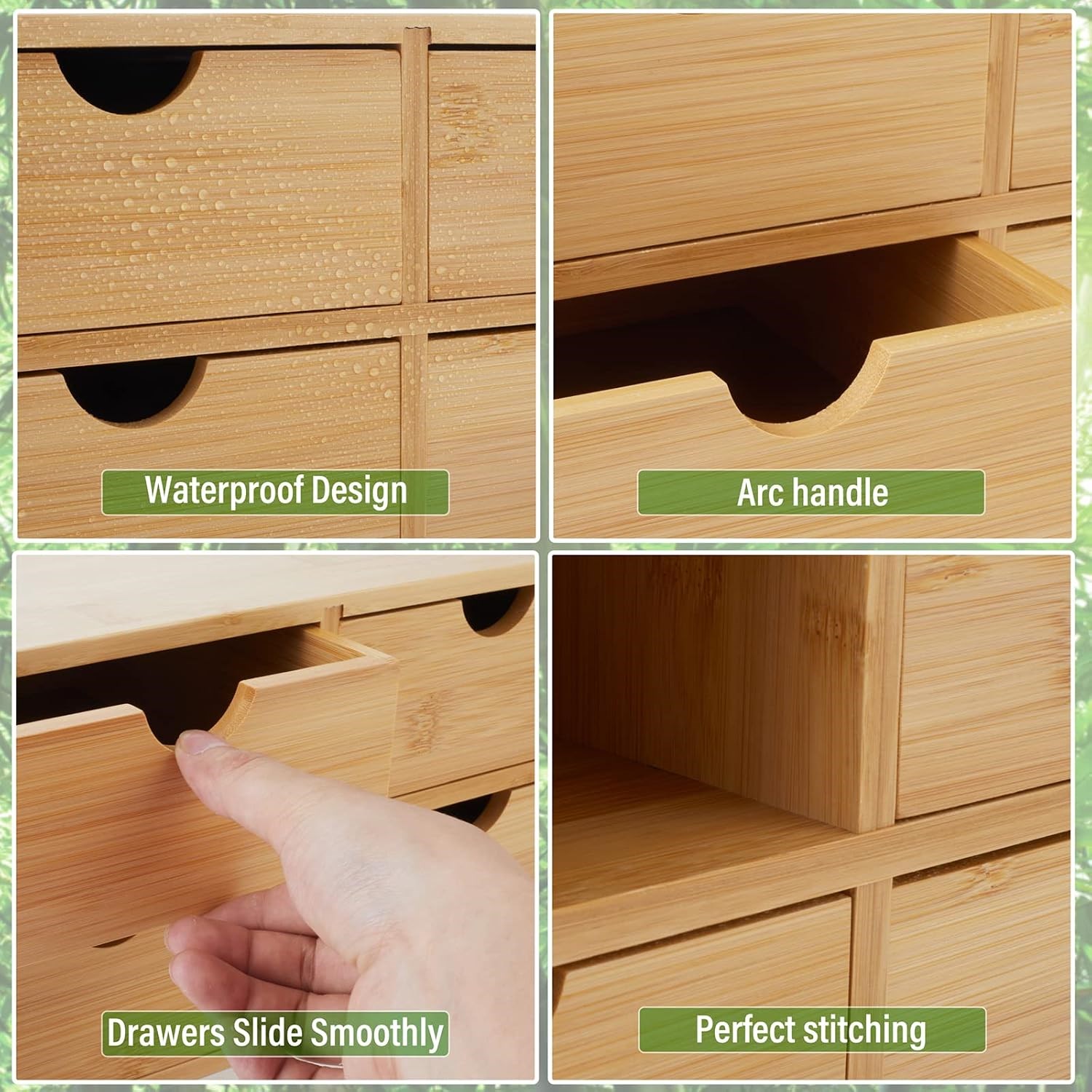 Bamboo countertop storage drawers holding stationery and small tech