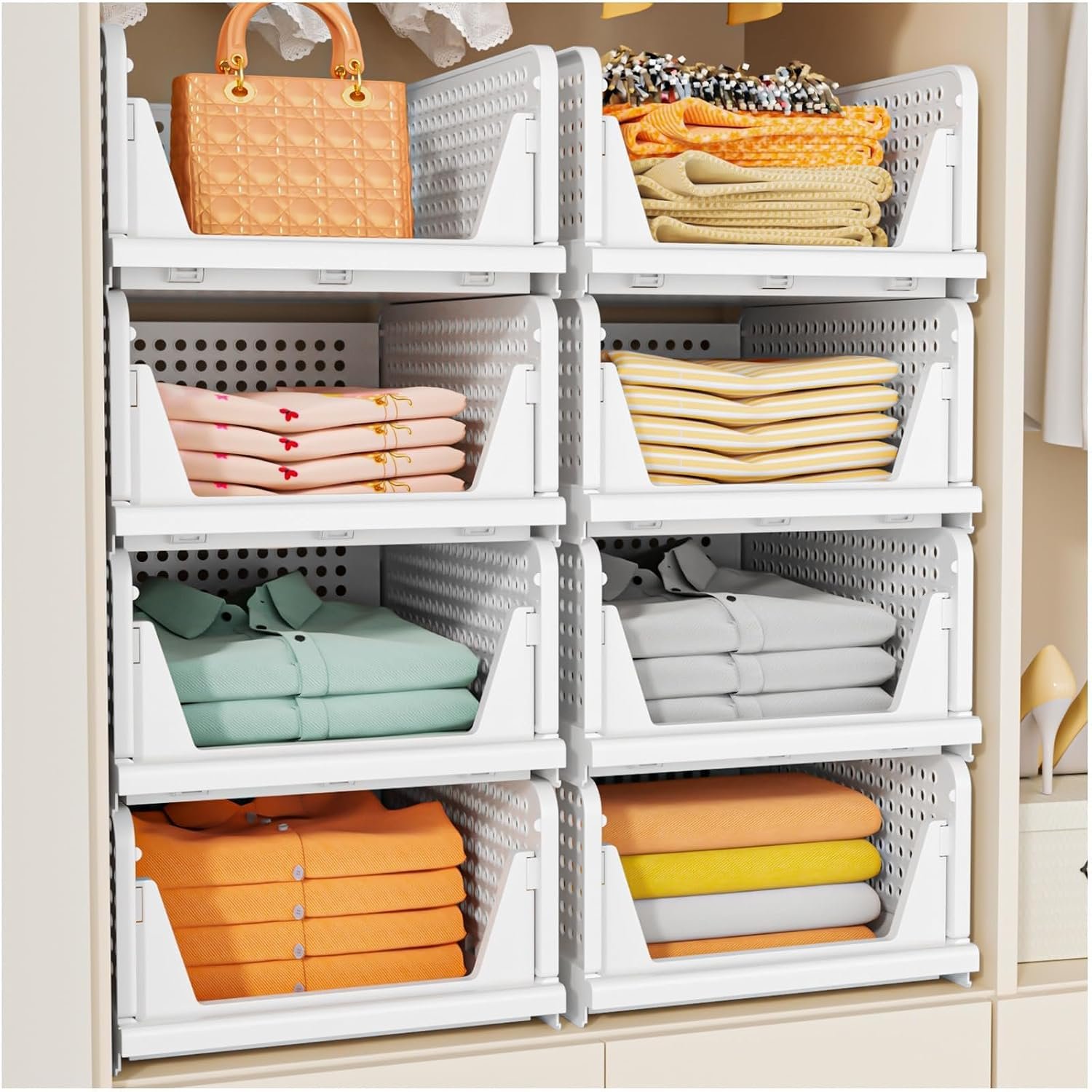Foldable Closet Organizer Baskets - 5-Pack Stackable Storage Bins for Wardrobe