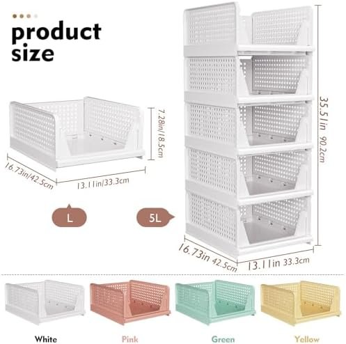 Foldable closet organizer baskets stacked on a wardrobe shelf