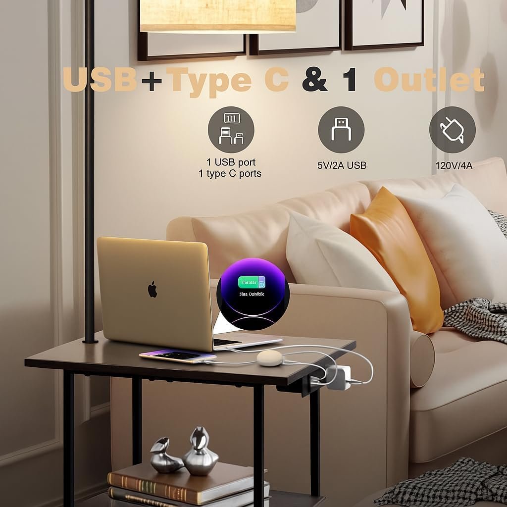Floor lamp with built-in side table and charging ports