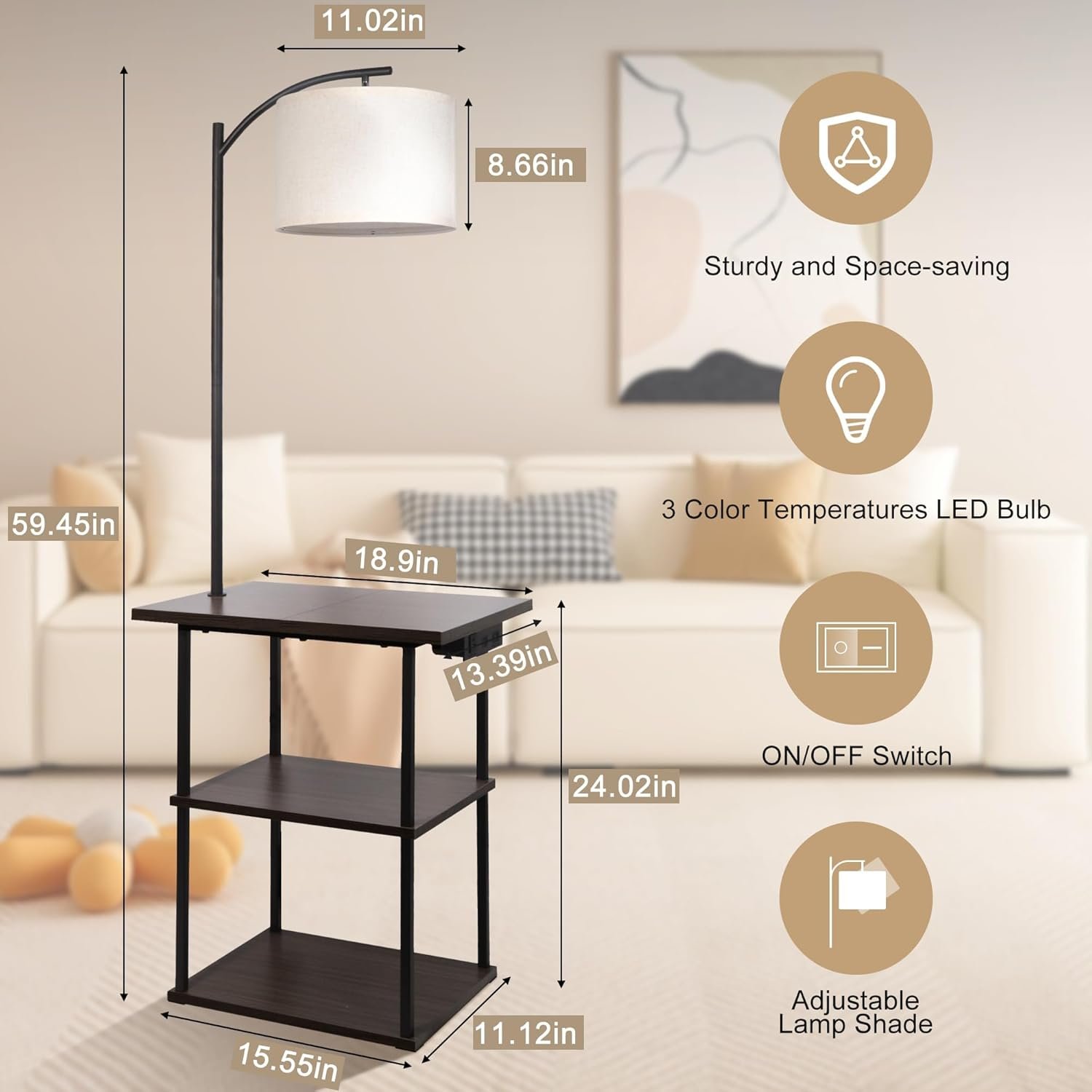 Linen-shade floor lamp with tabletop for a bedroom reading nook