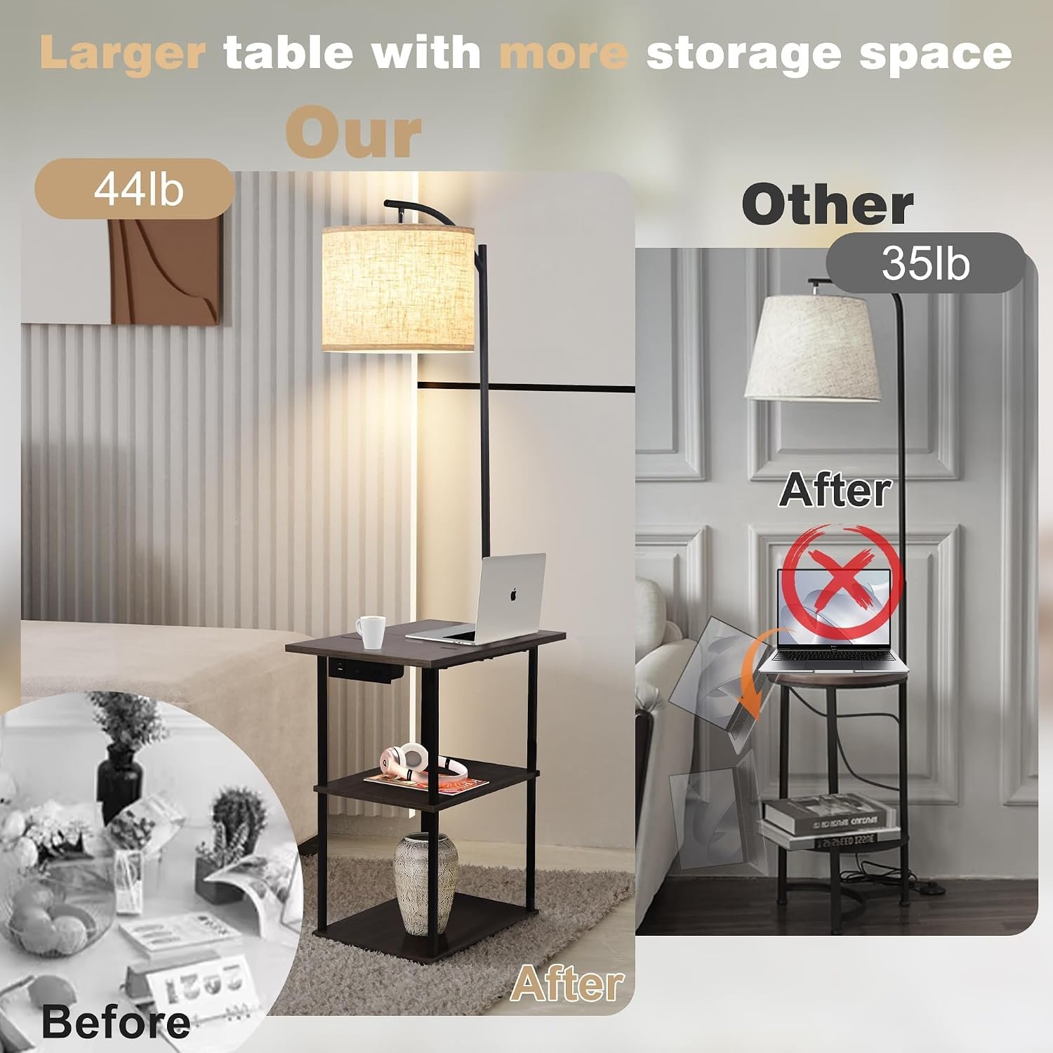 Warm floor lamp with three open shelves holding books and decor