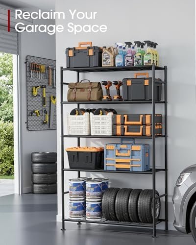 Black steel shelving with leveling feet for stability