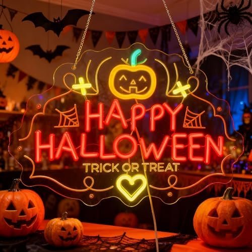 Halloween neon sign glowing on a wall
