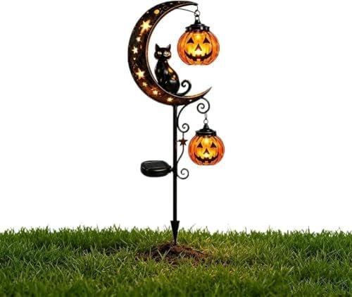 Solar Black Cat & Pumpkin Moon Stake Light