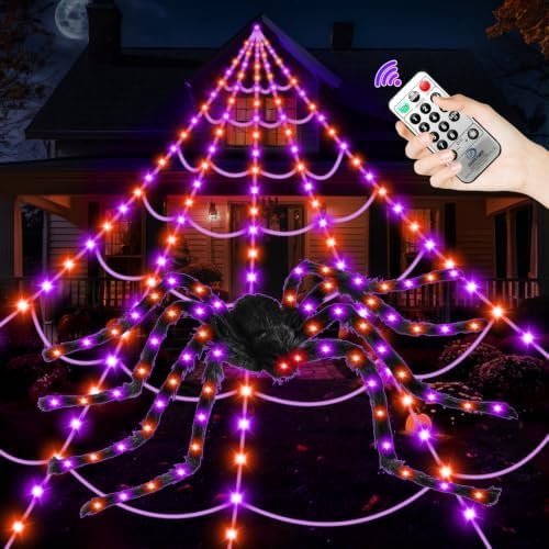 Halloween giant spider web lights glowing purple and orange