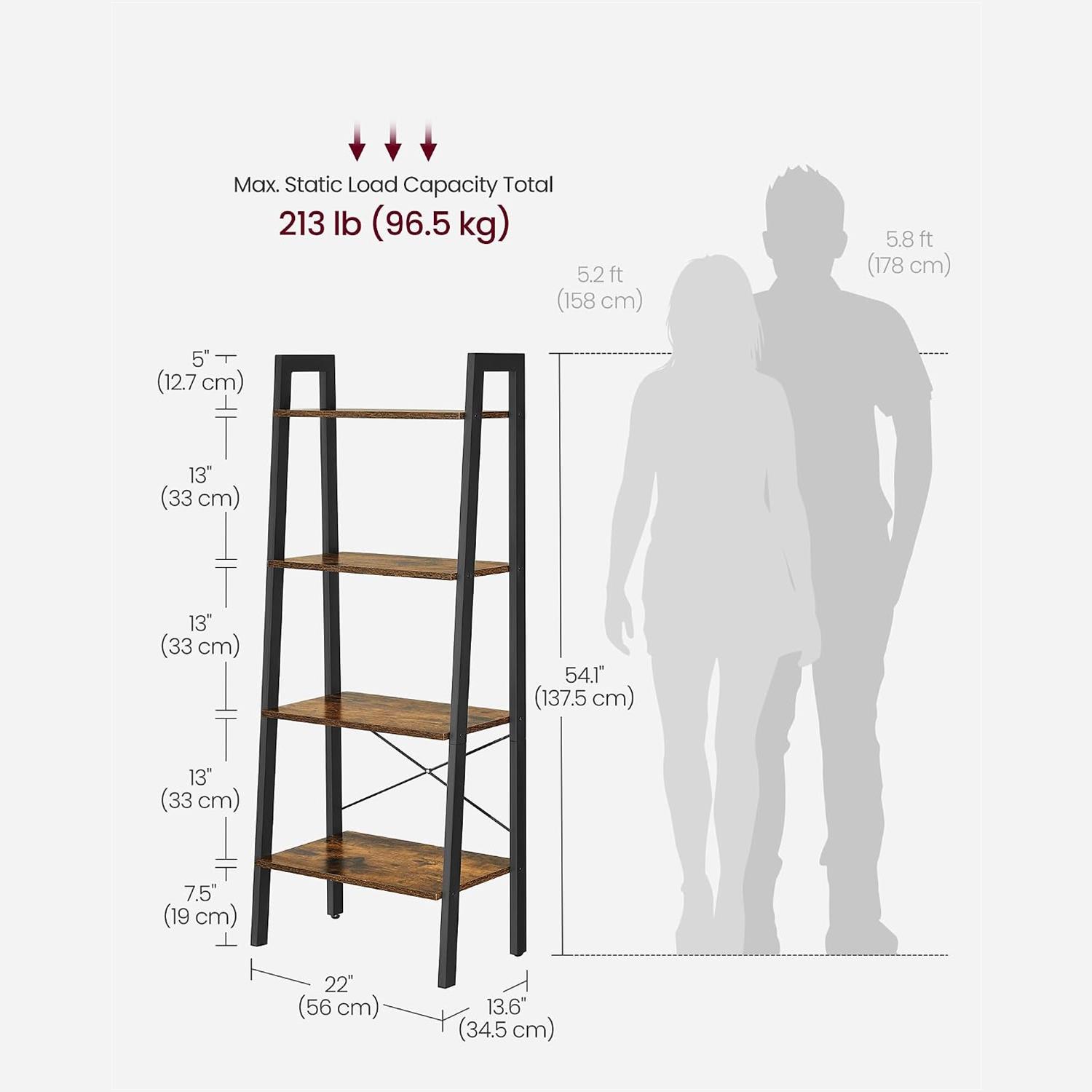Tall ladder bookshelf with baskets in a bedroom corner