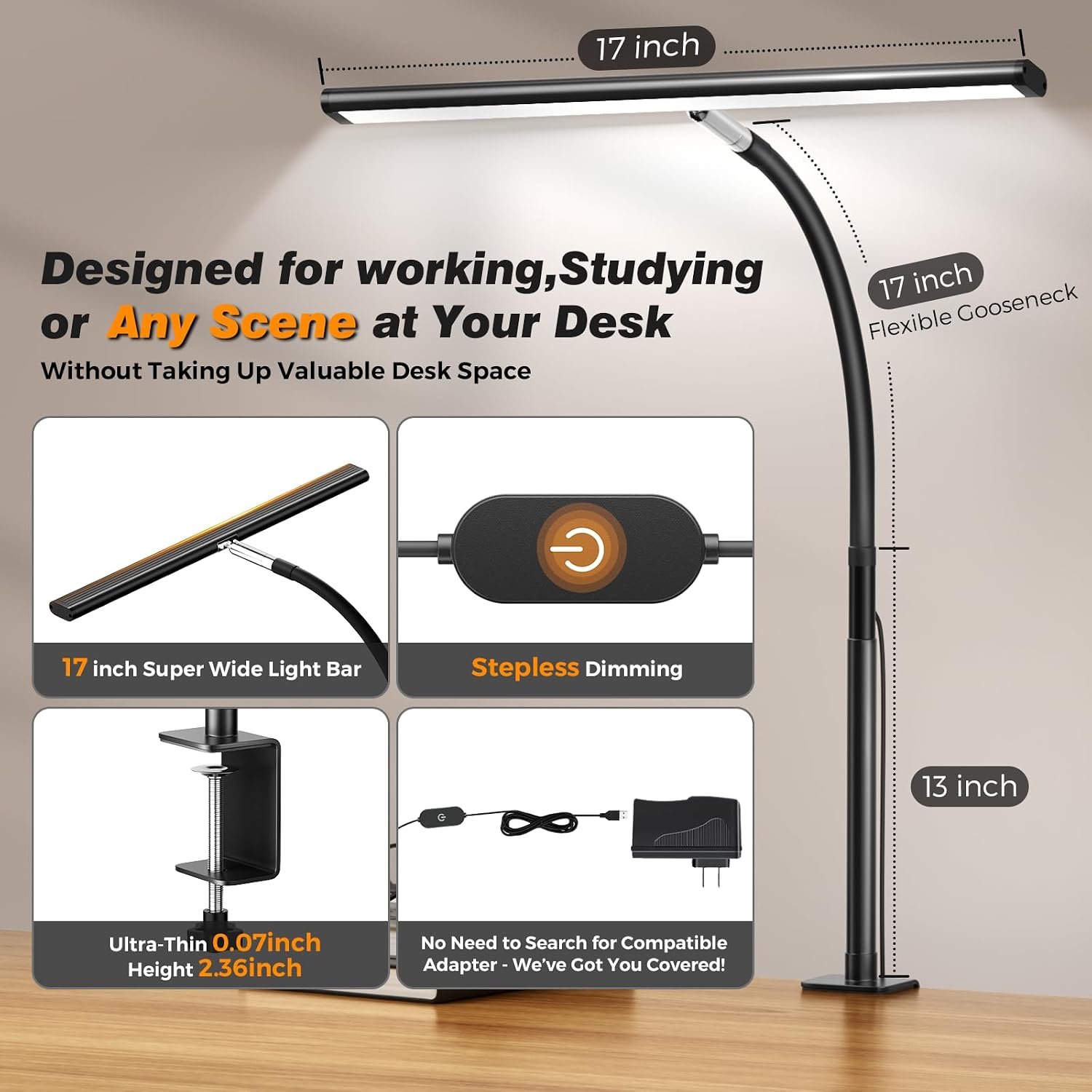 Adjustable gooseneck desk lamp mounted on a monitor stand