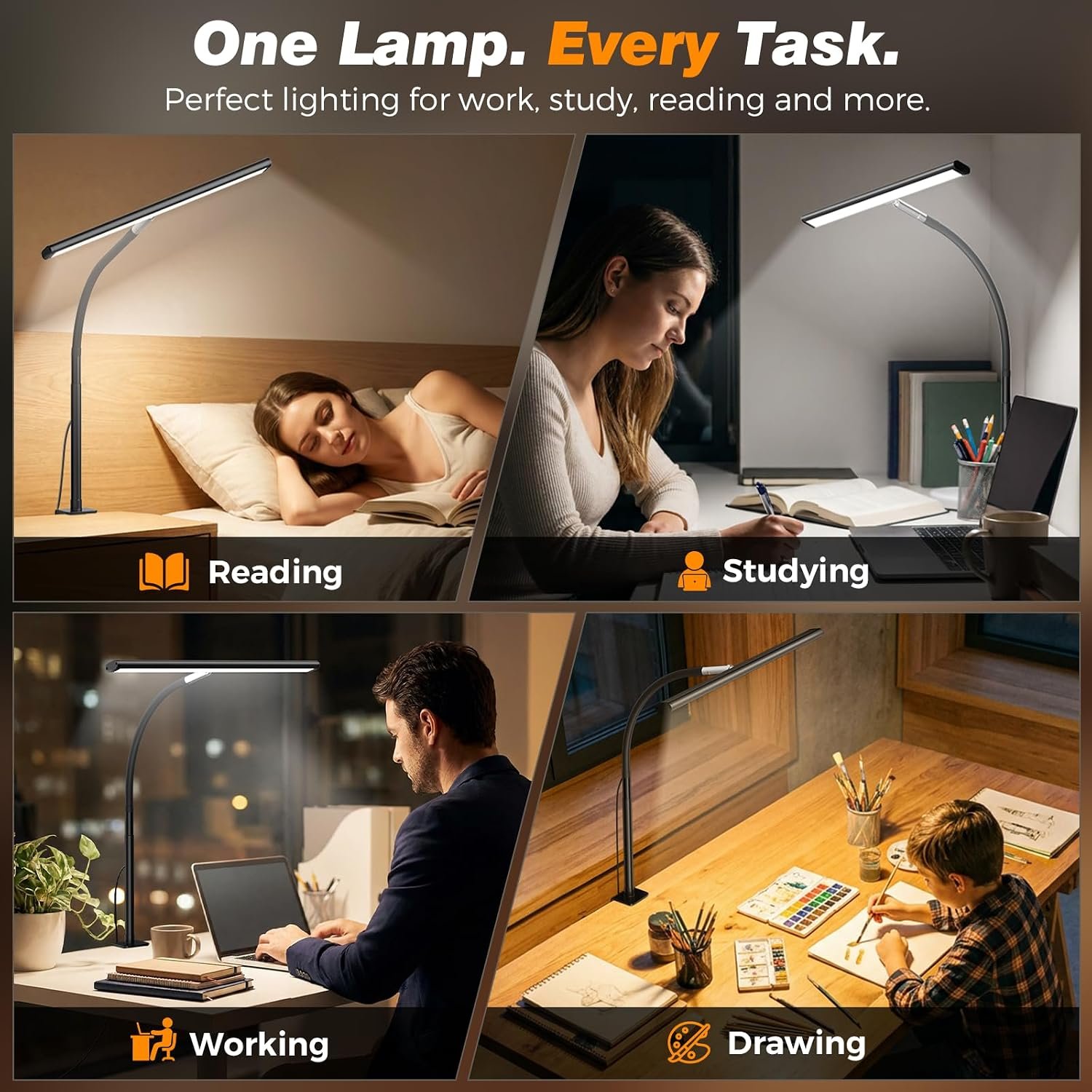 Dimmable clamp desk lamp with soft glow for study