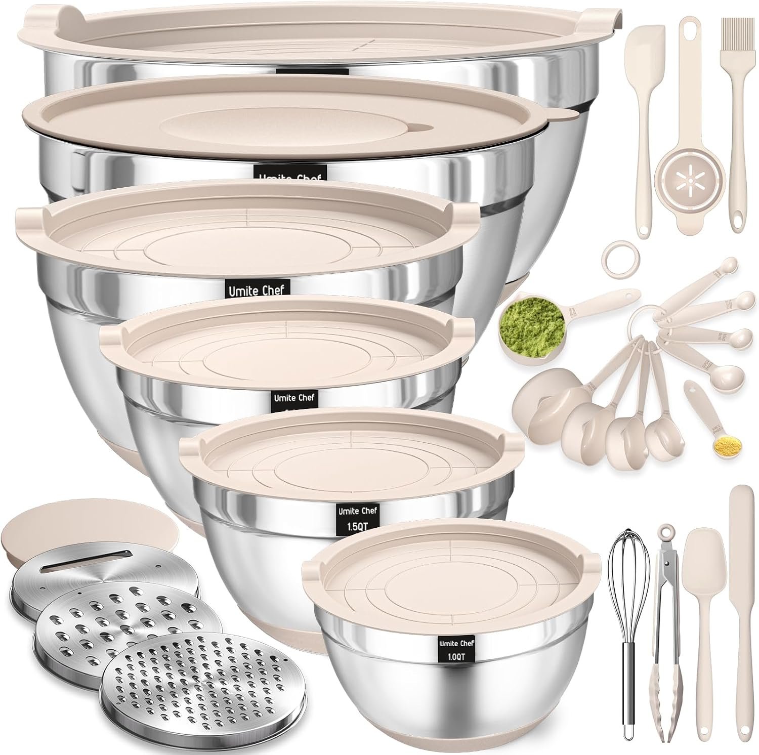 Stainless Steel Mixing Bowls with Airtight Lids - 26-Piece Set with Grater Attachments