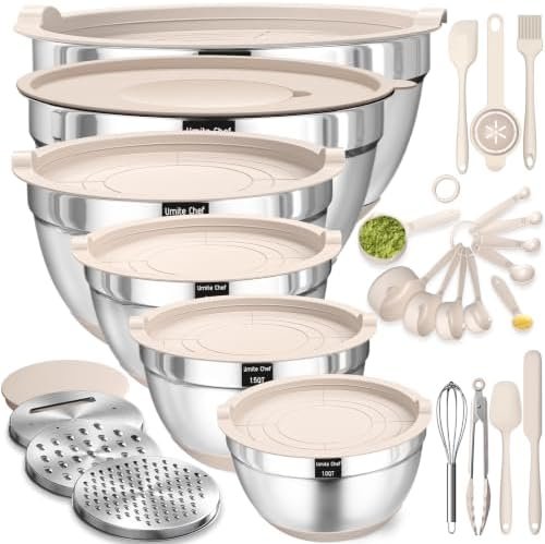Stainless Steel Mixing Bowls with Airtight Lids - 26-Piece Set with Grater Attachments styled in a cozy home