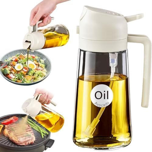 Glass Olive Oil Sprayer - 2-in-1 Spray and Pour Dispenser Bottle for Cooking styled in a cozy home