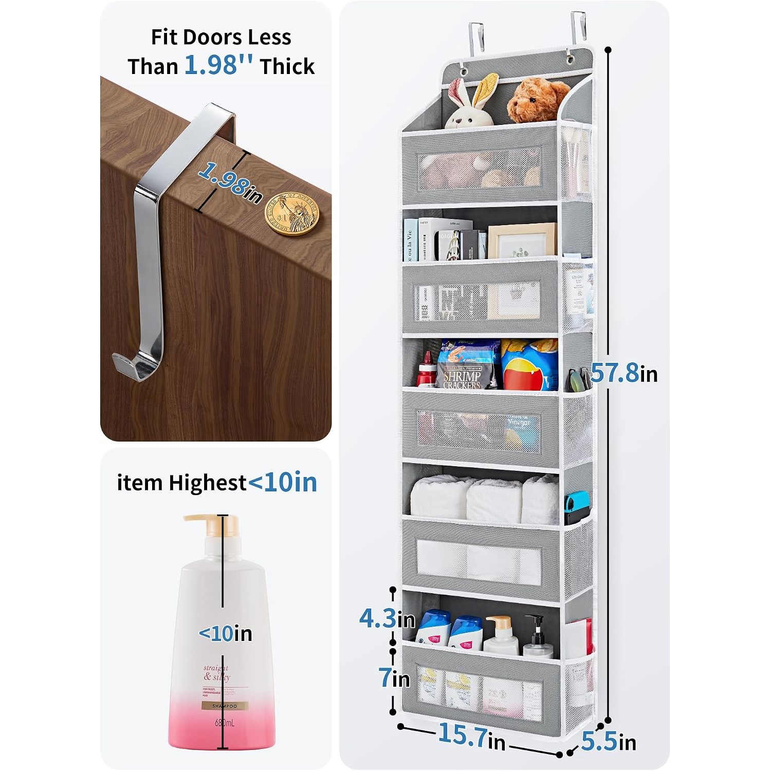 Over-the-door organizer with five large pockets on a bedroom door