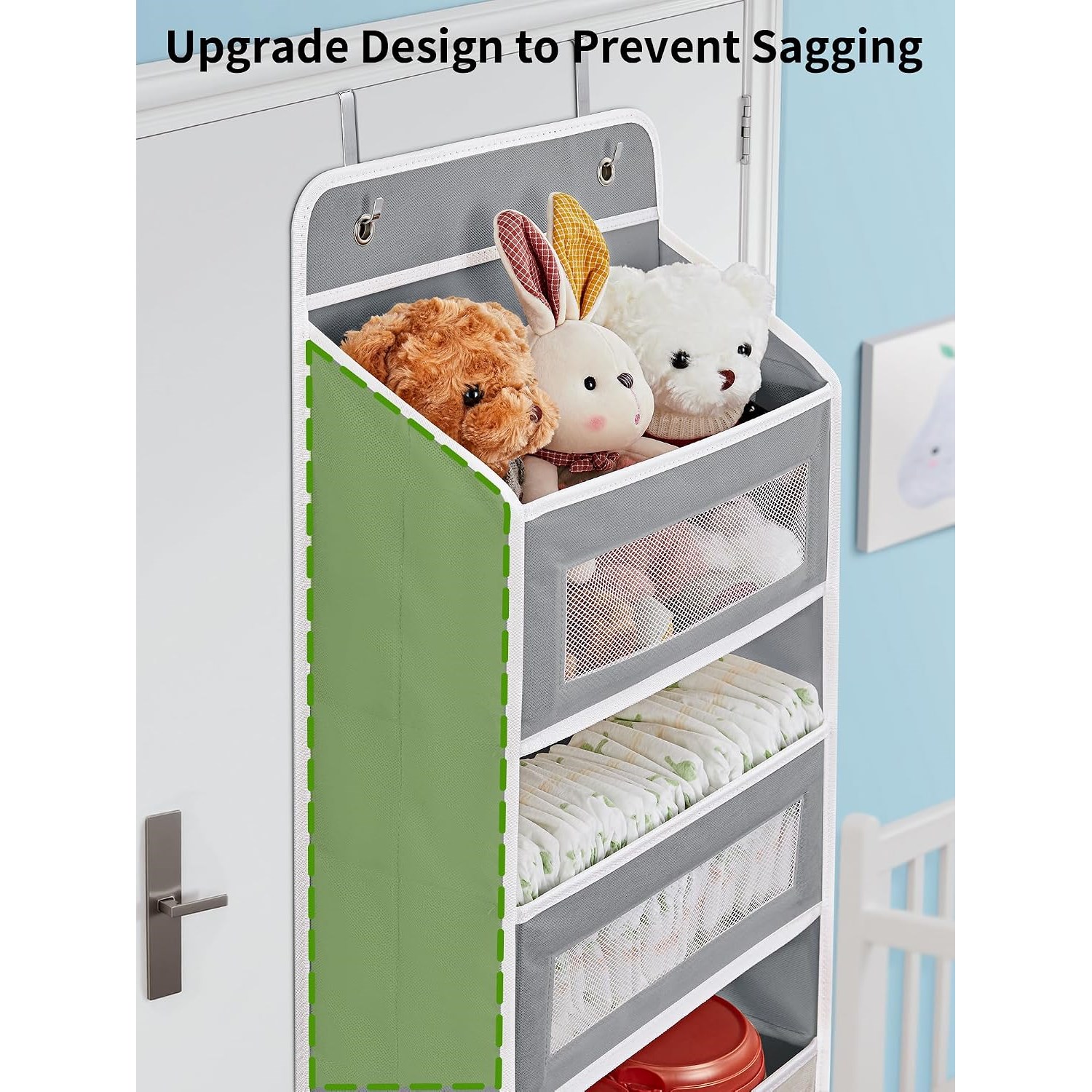 Anti-tilt over-door storage rack holding toys and essentials
