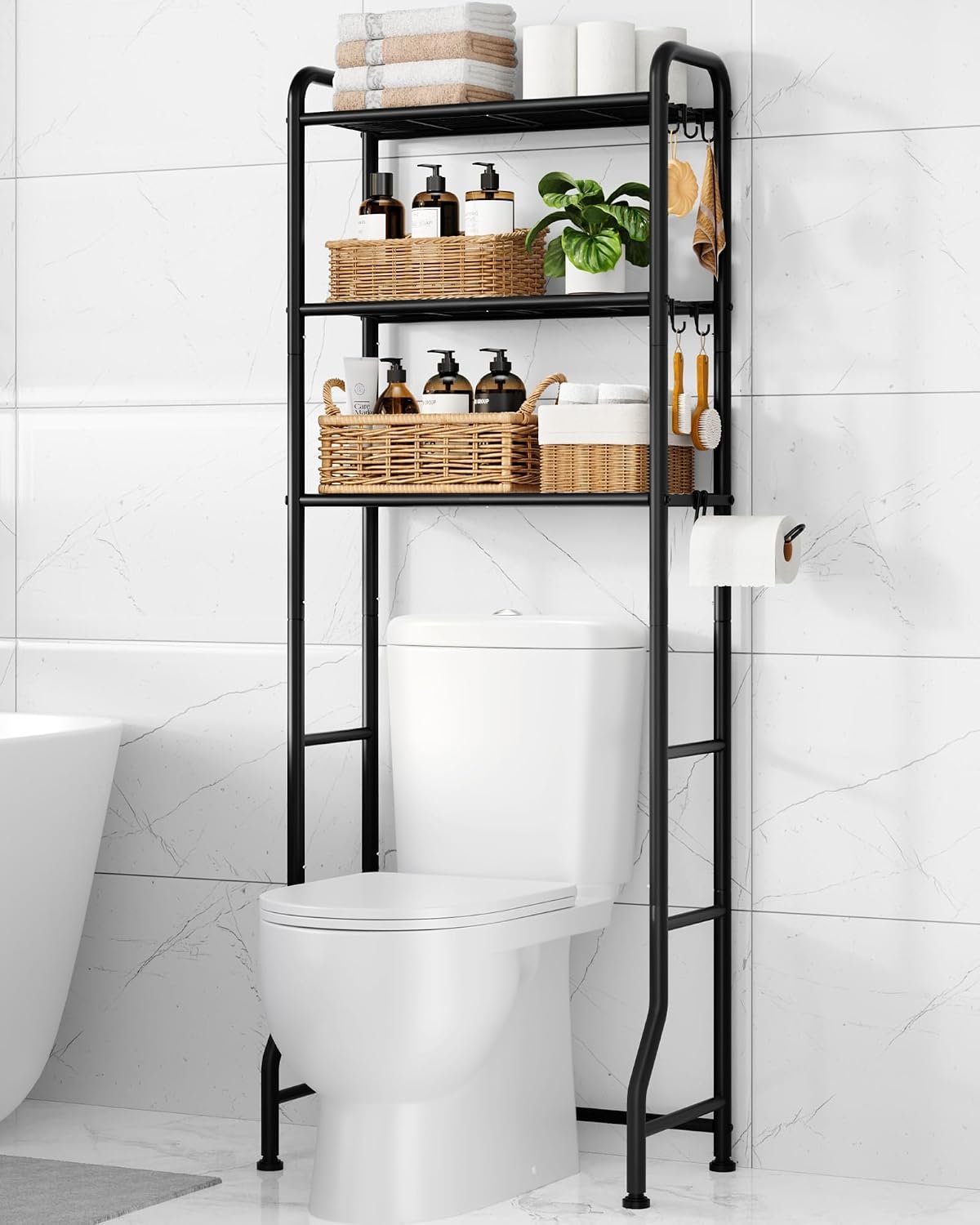 Kitsure Over Toilet Storage Rack - 3-Tier Metal Bathroom Shelf with Hooks