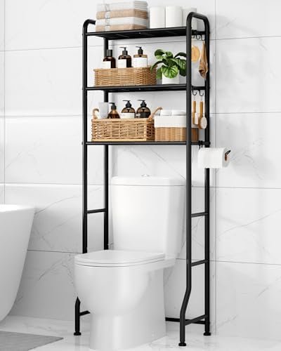 Kitsure Over Toilet Storage Rack - 3-Tier Metal Bathroom Shelf with Hooks styled in a cozy home