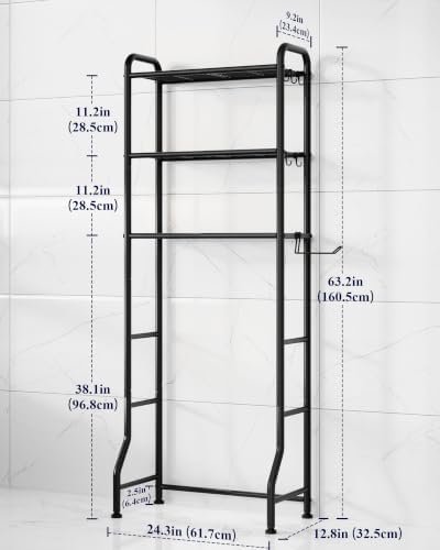 Over toilet storage rack with towels in a small bathroom
