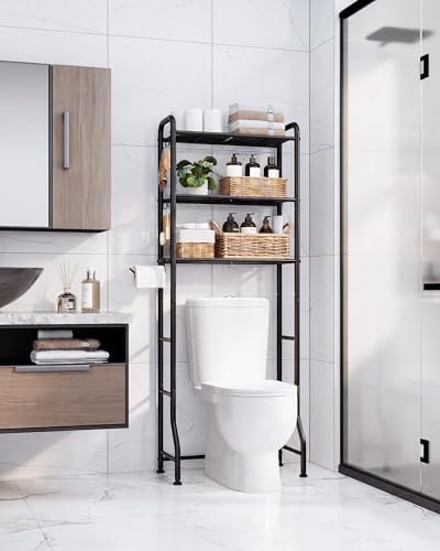 3-tier metal bathroom shelf with hooks above the toilet