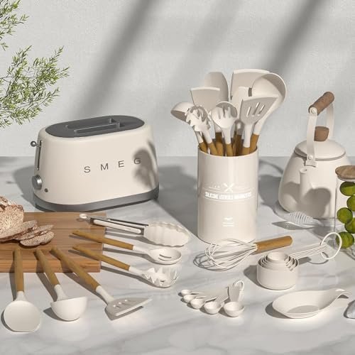 Silicone cooking utensils set with wooden handles in a kitchen