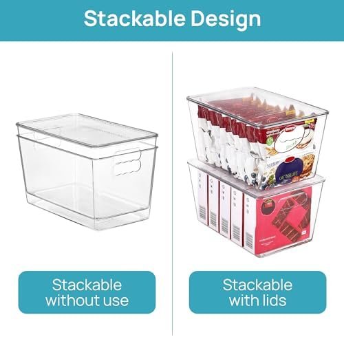 BPA-free plastic storage bins stacked vertically in a cabinet