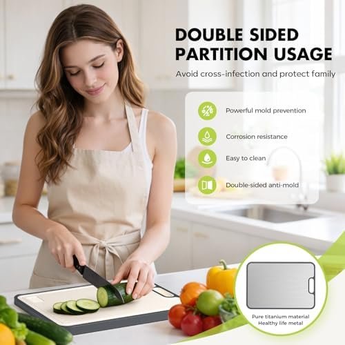 Titanium cutting board with dual prep surfaces