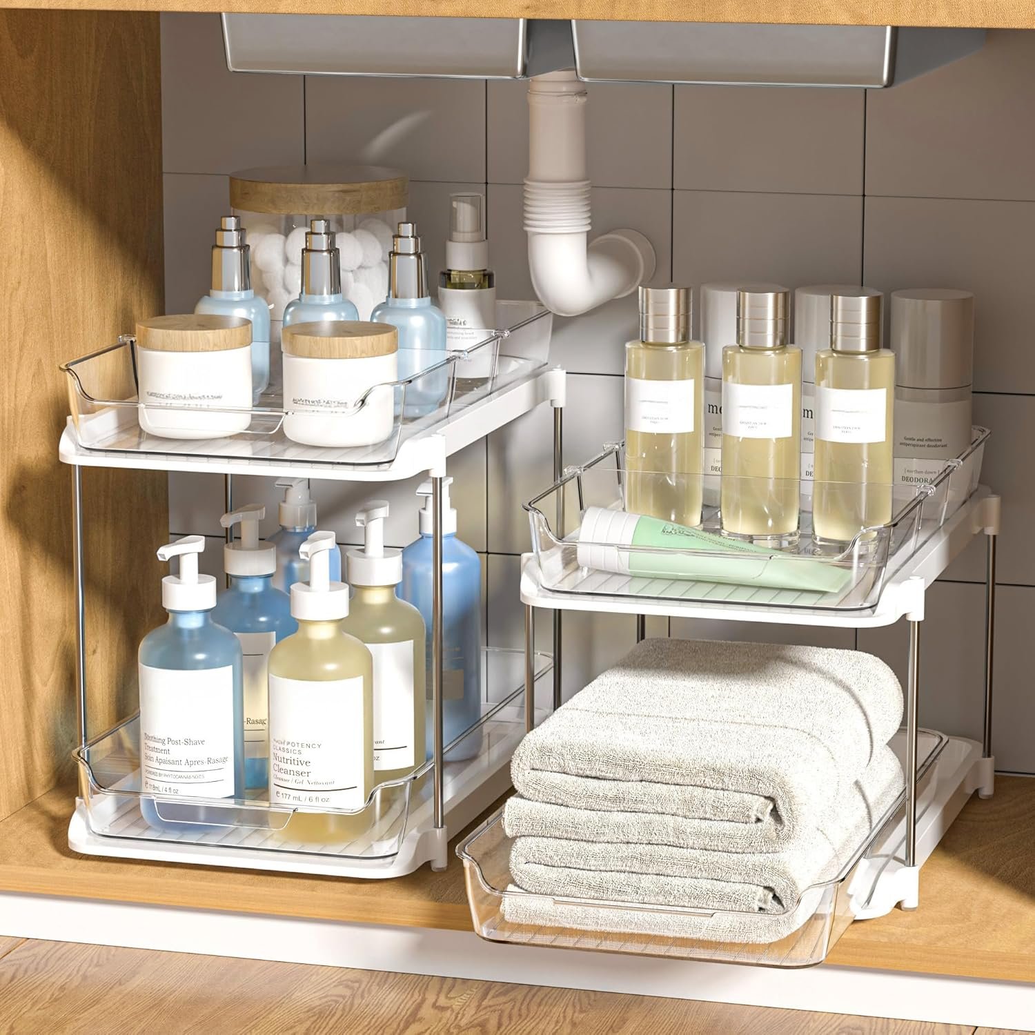 Delamu 2-Tier Under Sink Organizer - Stackable Bathroom Cabinet Storage with Movable Dividers