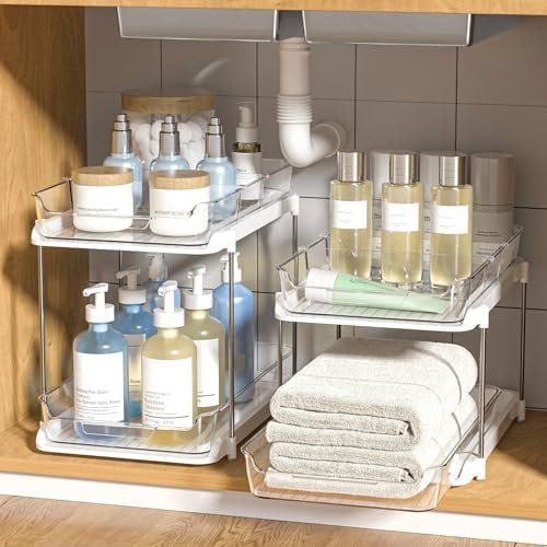 Delamu 2-Tier Under Sink Organizer - Stackable Bathroom Cabinet Storage with Movable Dividers styled in a cozy home