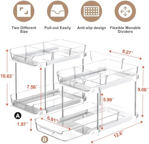 2-tier under sink organizer storing cleaning supplies in a bathroom cabinet