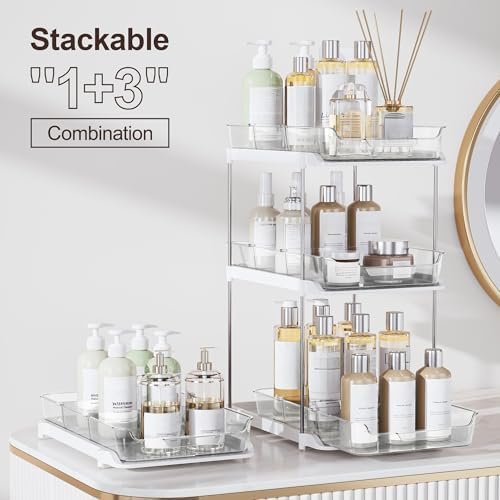 Stackable bathroom cabinet organizer with pull-out tray